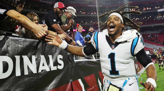 Carolina Panthers quarterback Cam Newton (1) celebrates after beating the Arizona Cardinals
